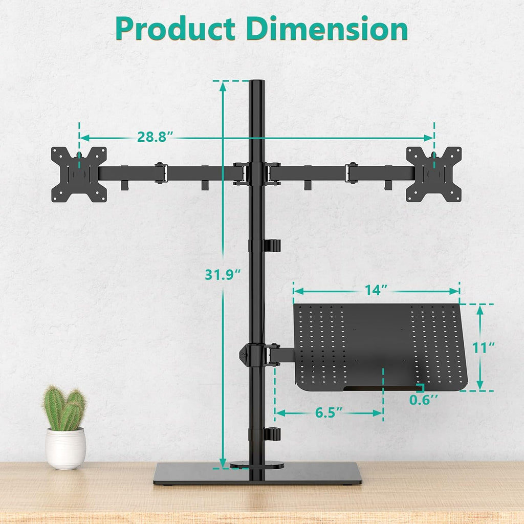 WALI Free Standing Dual Monitor and Laptop Stand, Height Adjustable Laptop Mount with Glass Base, Monitor Mount Fits up to 27 inch Monitors and 17 inch Laptops (GMF003LP), Black
