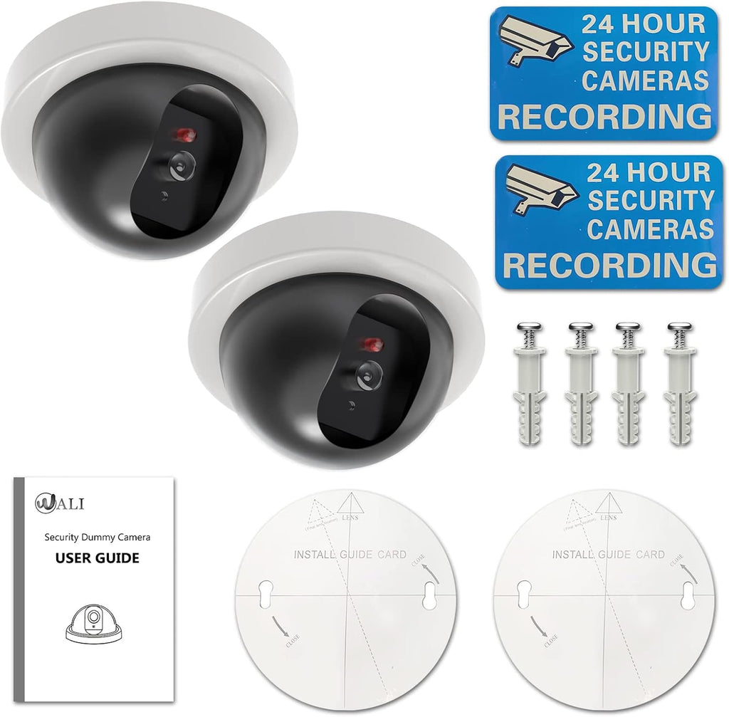 WALI Dummy Fake Security CCTV Dome Camera with Flashing Red LED Light with Security Alert Sticker Decals (SDW-2), 2 Packs, White