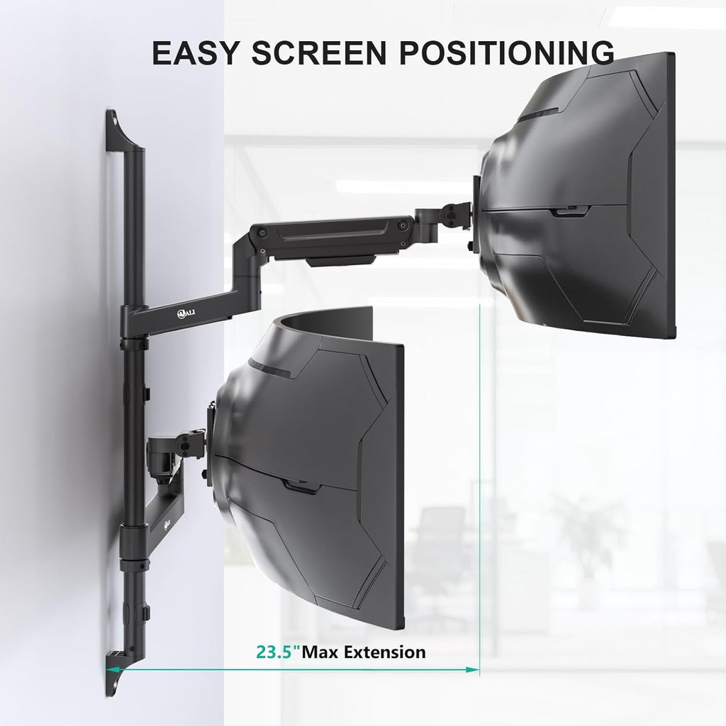 WALI Vertical Dual Monitor Wall Mount for 13-49 inch Screens, Heavy Duty Stacked Dual Monitor Stand for Wall, Adjustable Ultrawide Monitor Arm Wall Mounted, Holds up to 44 lbs (GSWM002-P), Black