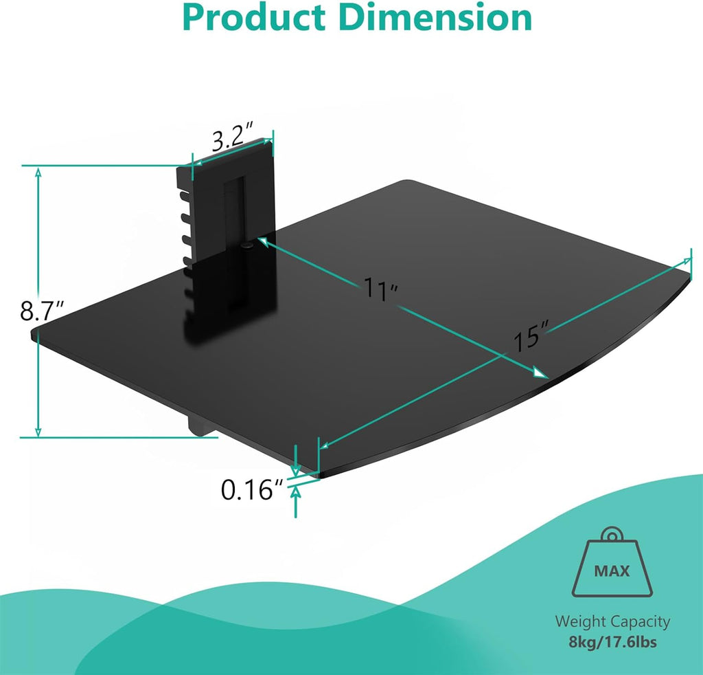 WALI Floating Entertainment Center Shelves, Holds Up to 17.6lbs, TV Shelf with Strengthened Tempered Glasses for DVD Players, Cable Boxes, Games Consoles, TV Accessories (CS201B), 1 Shelf, Black