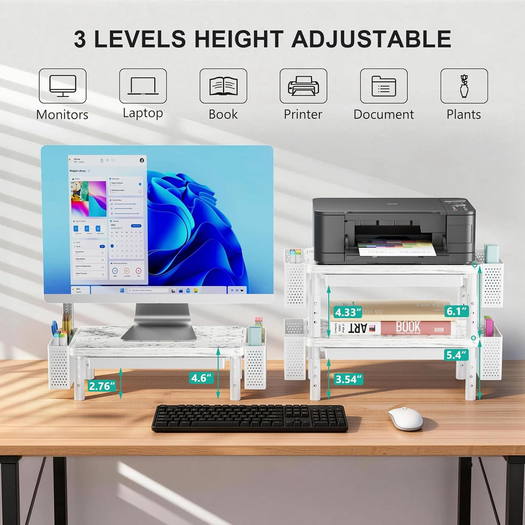 WALI Computer Monitor Stand with Storage, Desk Organizer with Drawer and Pen Holder, Desk Monitor Riser 3 Height Adjustable, Laptop Riser for Computer, Laptop, Printer(PTT003-M), 1 Pack, Marble