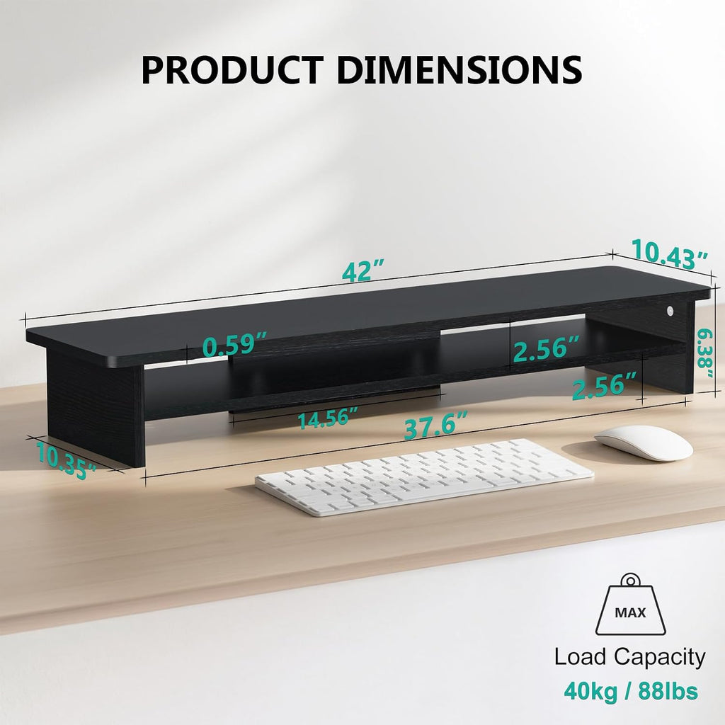 WALI 42 inch Large Wood Dual Monitor Stand Riser with Storage, up to 88lbs | Multi-Purpose Computer Stands, 2 Tier Desktop Organizer Desk Shelf for Home Office PC, Laptop, Printer, TV (WTT001), Black