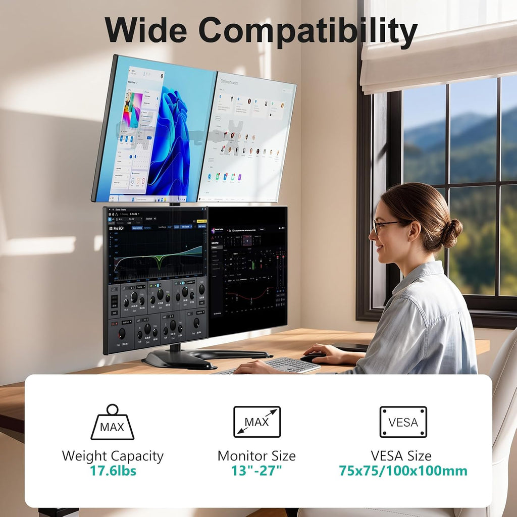 WALI Adjustable 4 Monitor Mount for Max 27 inch Screens, 17.6lbs per Arm Freestanding Quad Monitor Stand, Stacked 4 Desk Arm with Tilt, Swivel, Rotation, VESA 75x75/100x100mm (MF004), Black