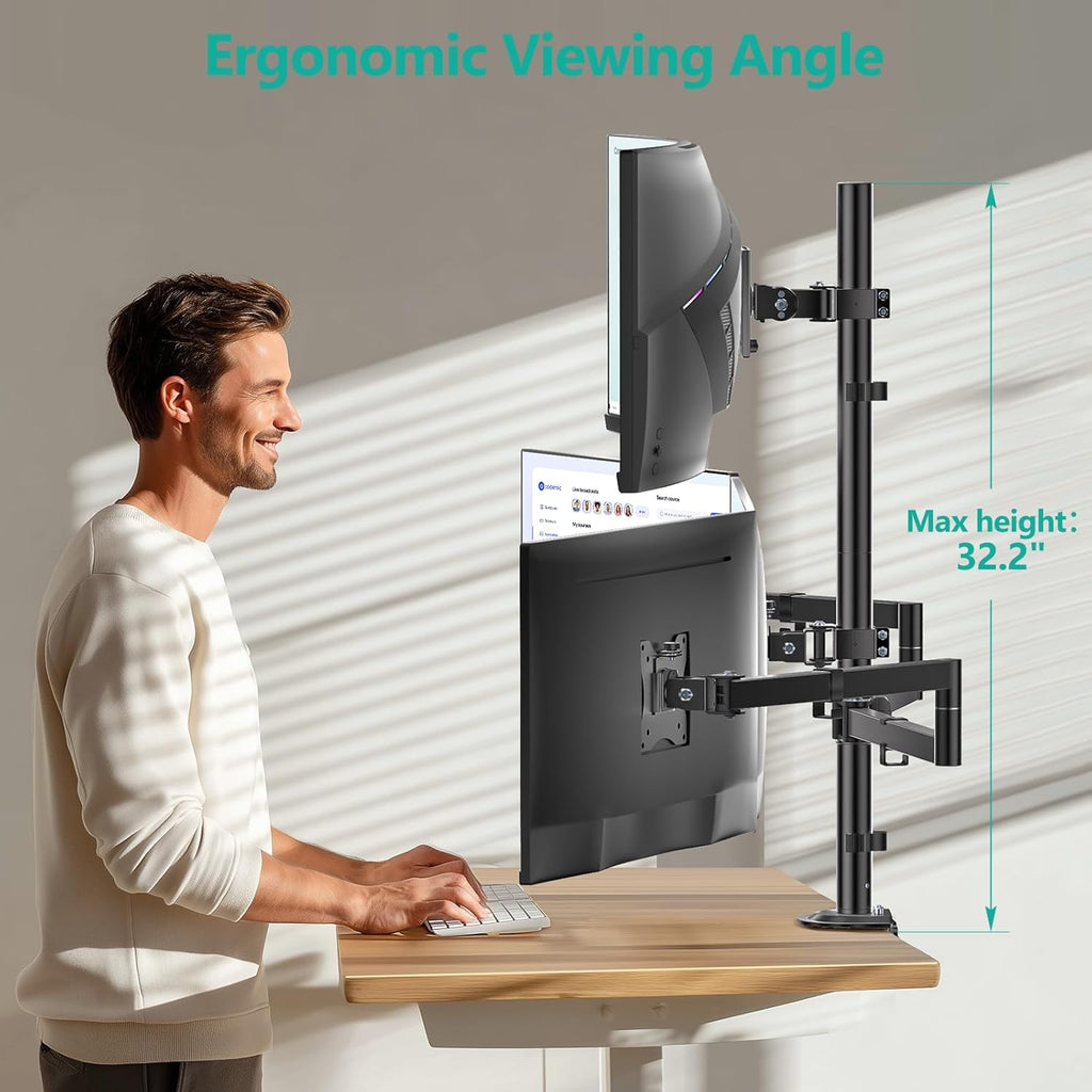 WALI Quad Monitor Mount for up to 49 inch Ultrawides on Top Bracket and 27 inch Screens on Lower Brackets, Extra Tall 4 Monitor Stand, Heavy Duty Monitors Arm up to 44 lbs (M004S-P), Black