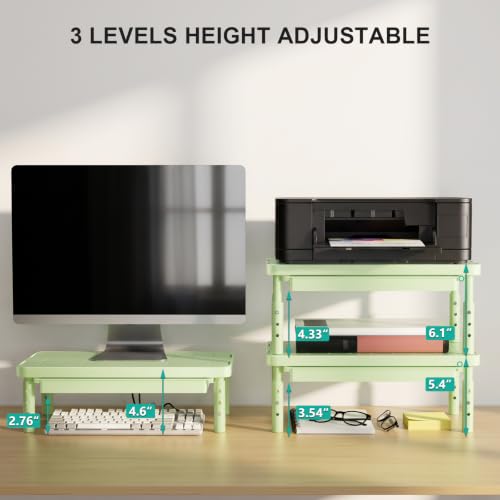 WALI 3 Height Adjustable Computer Monitor Stand with Storage, up to 44 lbs|Desk Organizer with Drawer, Vented Holes, Fits Computer, Laptops, Printers, for Home, Office, School (PTT002-N),1 Pack,Green