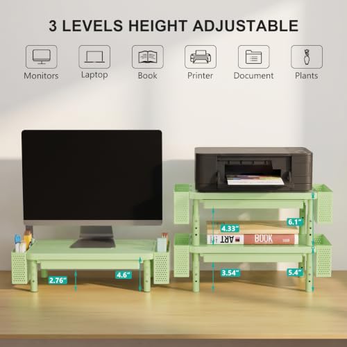WALI Computer Monitor Stand with Storage and Pen Holder|3 Height Adjustable Desk Organizer with Drawer, Desk Laptop Monitor Riser for Computer, Printer(PTT003-N), 1 Pack, Green