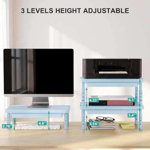 WALI 3 Height Adjustable Computer Monitor Stand with Storage, up to 44 lbs|Desk Organizer with Drawer, Vented Holes, Fits Computer, Laptops, Printers, for Home, Office, School (PTT002-S),1 Pack, Blue