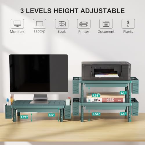 WALI Computer Monitor Stand with Storage and Pen Holder|3 Height Adjustable Desk Organizer with Drawer, Desk Laptop Monitor Riser for Printer(PTT003-K), 1 Pack, Dark Green