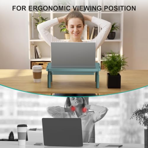 WALI 3 Height Adjustable Computer Monitor Stand with Storage, up to 44 lbs|Desk Organizer with Drawer, Vented Holes, Fits Computer, Laptops, Printers, for Home, Office (PTT002-K), 1 Pack, Dark Green