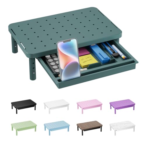 WALI 3 Height Adjustable Computer Monitor Stand with Storage, up to 44 lbs|Desk Organizer with Drawer, Vented Holes, Fits Computer, Laptops, Printers, for Home, Office (PTT002-K), 1 Pack, Dark Green