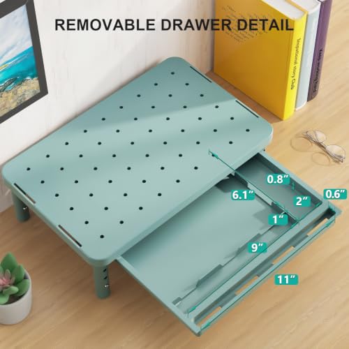 WALI 3 Height Adjustable Computer Monitor Stand with Storage, up to 44 lbs|Desk Organizer with Drawer, Vented Holes, Fits Computer, Laptops, Printers, for Home, Office (PTT002-K), 1 Pack, Dark Green