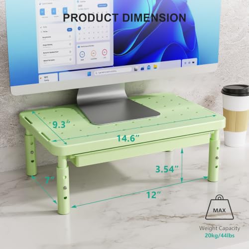 WALI 3 Height Adjustable Computer Monitor Stand with Storage, up to 44 lbs|Desk Organizer with Drawer, Vented Holes, Fits Computer, Laptops, Printers, for Home, Office, School (PTT002-N),1 Pack,Green