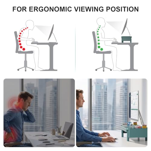 WALI Computer Monitor Stand with Storage and Pen Holder|3 Height Adjustable Desk Organizer with Drawer, Desk Laptop Monitor Riser for Printer(PTT003-K), 1 Pack, Dark Green