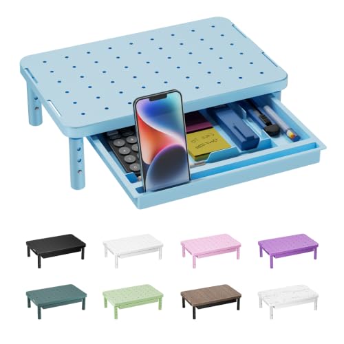 WALI 3 Height Adjustable Computer Monitor Stand with Storage, up to 44 lbs|Desk Organizer with Drawer, Vented Holes, Fits Computer, Laptops, Printers, for Home, Office, School (PTT002-S),1 Pack, Blue
