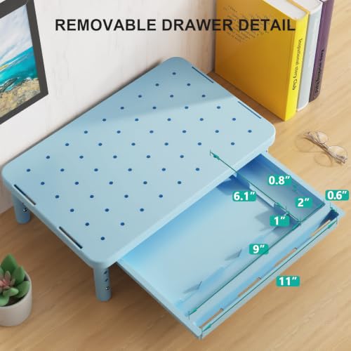 WALI 3 Height Adjustable Computer Monitor Stand with Storage, up to 44 lbs|Desk Organizer with Drawer, Vented Holes, Fits Computer, Laptops, Printers, for Home, Office, School (PTT002-S),1 Pack, Blue