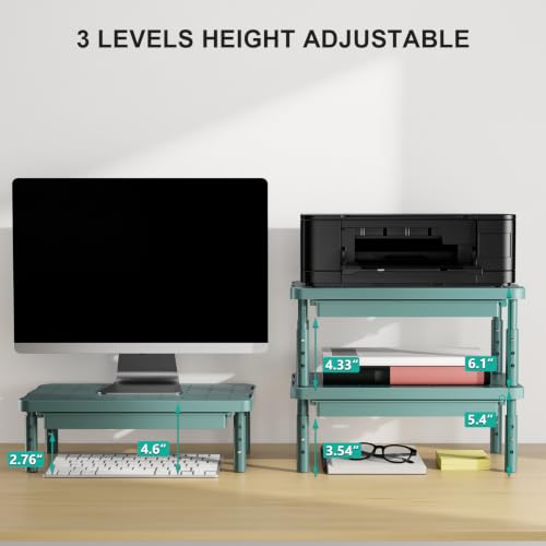 WALI 3 Height Adjustable Computer Monitor Stand with Storage, up to 44 lbs|Desk Organizer with Drawer, Vented Holes, Fits Computer, Laptops, Printers, for Home, Office (PTT002-K), 1 Pack, Dark Green