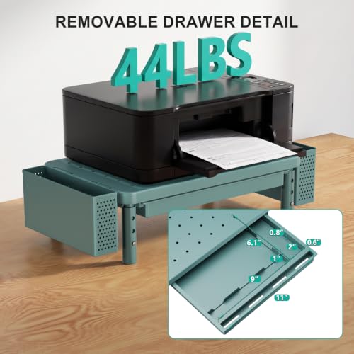 WALI Computer Monitor Stand with Storage and Pen Holder|3 Height Adjustable Desk Organizer with Drawer, Desk Laptop Monitor Riser for Printer(PTT003-K), 1 Pack, Dark Green
