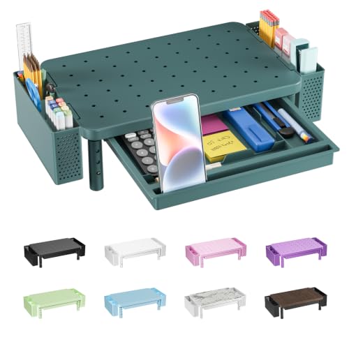 WALI Computer Monitor Stand with Storage and Pen Holder|3 Height Adjustable Desk Organizer with Drawer, Desk Laptop Monitor Riser for Printer(PTT003-K), 1 Pack, Dark Green