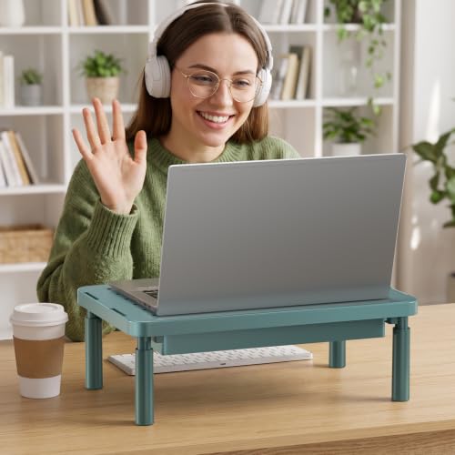 WALI 3 Height Adjustable Computer Monitor Stand with Storage, up to 44 lbs|Desk Organizer with Drawer, Vented Holes, Fits Computer, Laptops, Printers, for Home, Office (PTT002-K), 1 Pack, Dark Green