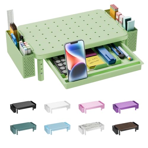 WALI Computer Monitor Stand with Storage and Pen Holder|3 Height Adjustable Desk Organizer with Drawer, Desk Laptop Monitor Riser for Computer, Printer(PTT003-N), 1 Pack, Green
