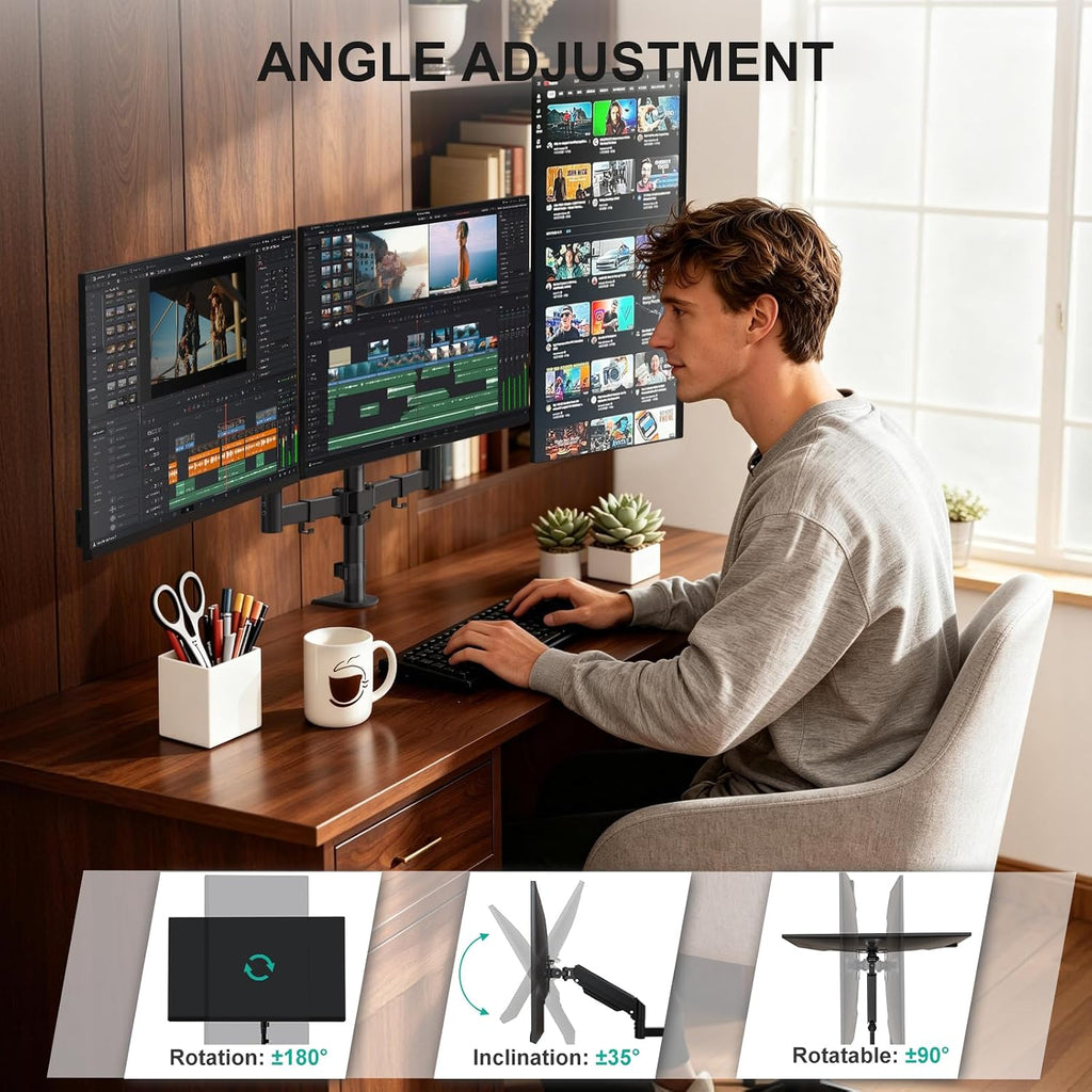 WALI Triple Monitor Mount for 13-27 inch Screens, Adjustable 3 Monitors Desk Mount with Swivel, Tilt, Clamp & Grommet Kit, Gas Spring Arm Triple Monitor Stand, VESA 75x75/100x100mm (GSDM003), Black