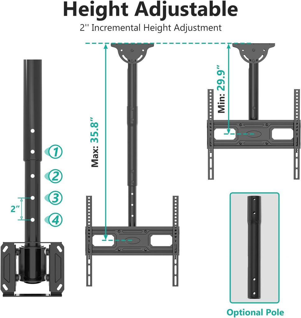 WALI Ceiling TV Mount Long Arm, Full Motion Adjustable Bracket Fits Most LED, LCD TVs 26 to 65 inch, up to 99lbs, Height Extension up to 35.8 Inch, Mounting Holes up to 400x400mm (CM2665XL-P), Black