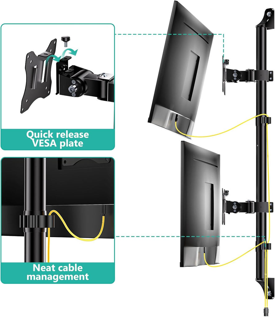 WALI Dual Monitor Wall Mount,Up to 38 inch Screens Vertical Stacked Monitor Wall Mount,VESA 75x75/100x100mm,Holds up to 22 lbs per Monitor,(012ARMV-38) Black