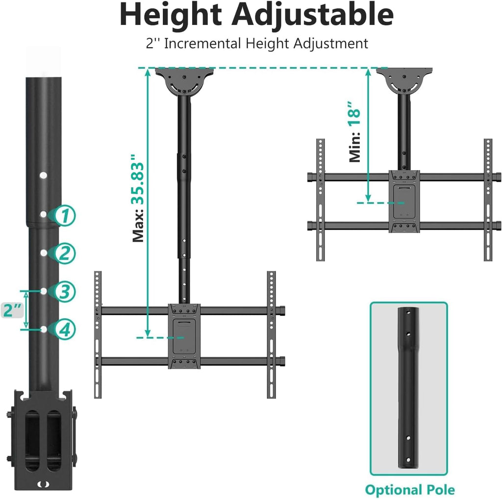 WALI Ceiling TV Mount for Most 37 to 80 inch Flat Screen Display, Hanging TV Mount Bracket with Swivel, Tilt Fits LED, LCD, OLED 4K TVs up to 110lbs, Max Mounting Holes 600x400mm (CM3770), Black