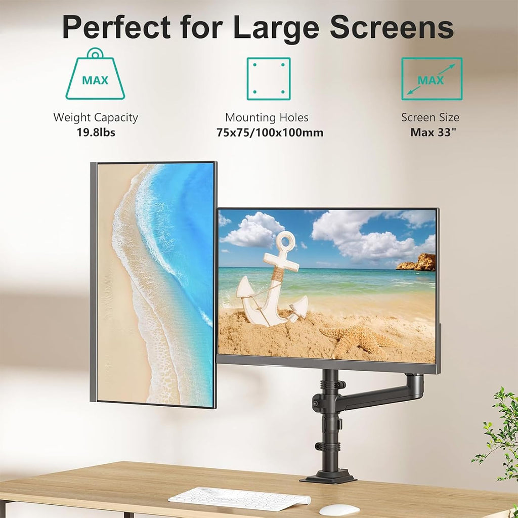 WALI Tall Dual Monitor Desk Mount for 13-33 inch Screens, 19.8 lbs per Arm | Dual Monitor Arms for 2 Monitors, Full Motion with Tilt, Swivel, Rotation, C-Clamp & Grommet, VESA 75/100mm (GSDM002), Black