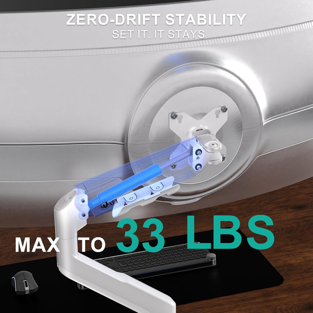 WALI Single Monitor Arm with Desk Mount for 17–49 Inch Screens – Holds Up to 33 lbs, Fully Adjustable VESA Monitor Stand, Heavy Duty Gas Spring for Gaming & Home Office (GSM001XLNW),White