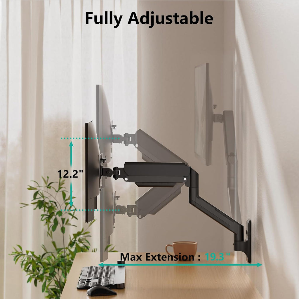 WALI Computer Monitor Wall Mount for 17 to 32 Inch Screens, Single Monitors Mount Holds up to 22lbs, Fully Adjustable Gas Spring Wall Mount Monitor Arm, 75x75/100x100mm VESA Mount (GSWM001), Black