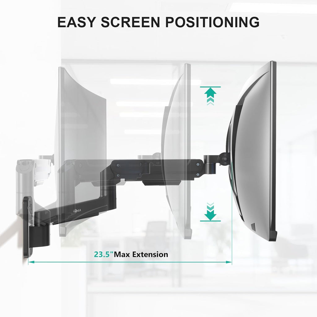 WALI Monitor Wall Mount for 13-49 Inch Ultrawide Screens, Heavy Duty Single Monitor Mount Holds up to 44 lbs, Adjustable Wall Mount Monitor Arm, 75/100mm VESA Mount (GSWM001-P), Black
