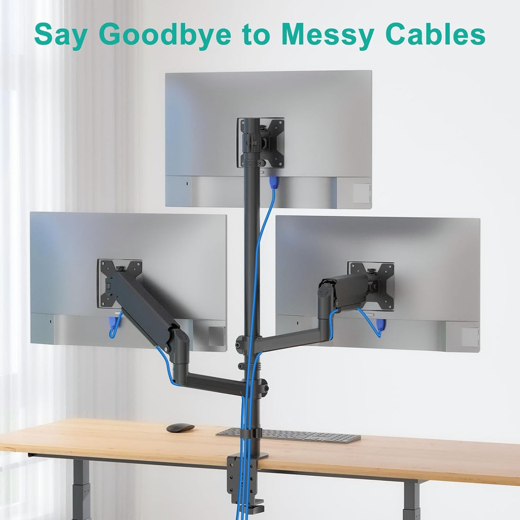 WALI Triple Monitor Mount for 13-32 inch Screens, Taller 3 Monitor Desk Mount, up to 19.8lbs, 31.9 inch Height Max, Adjustable Gas Spring Triple Monitors Stand, VESA 75/100mm (GSDM003S), Black