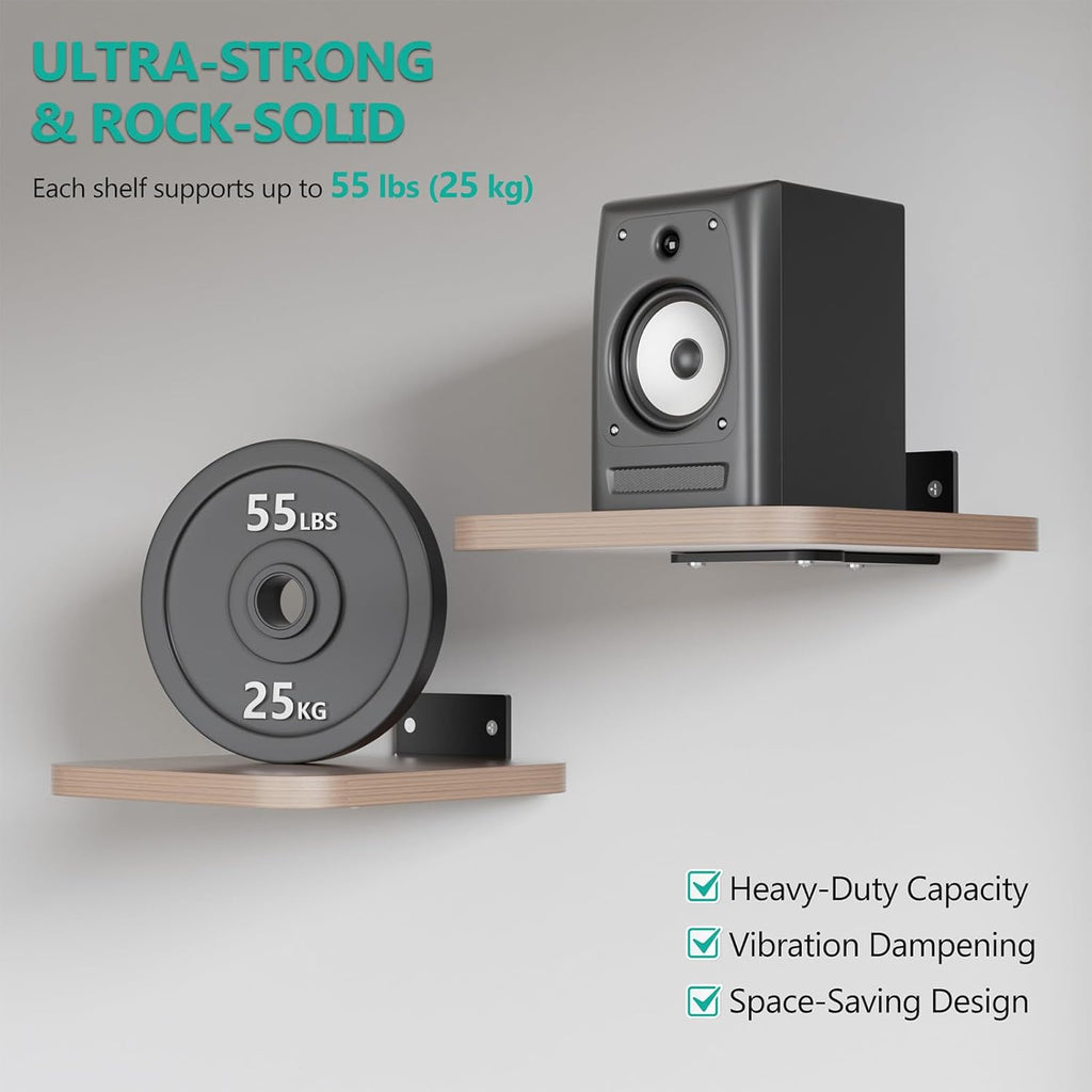 WALI Heavy Duty Floating Speaker Shelves Wall Mounted - Set of 2 - for Surround & Rear Sound, Satellite, Bookshelf Speakers & Home Theater – 7.9" x 7.9" Sturdy Design – 55 lbs Capacity Per Shelf(SWM302)