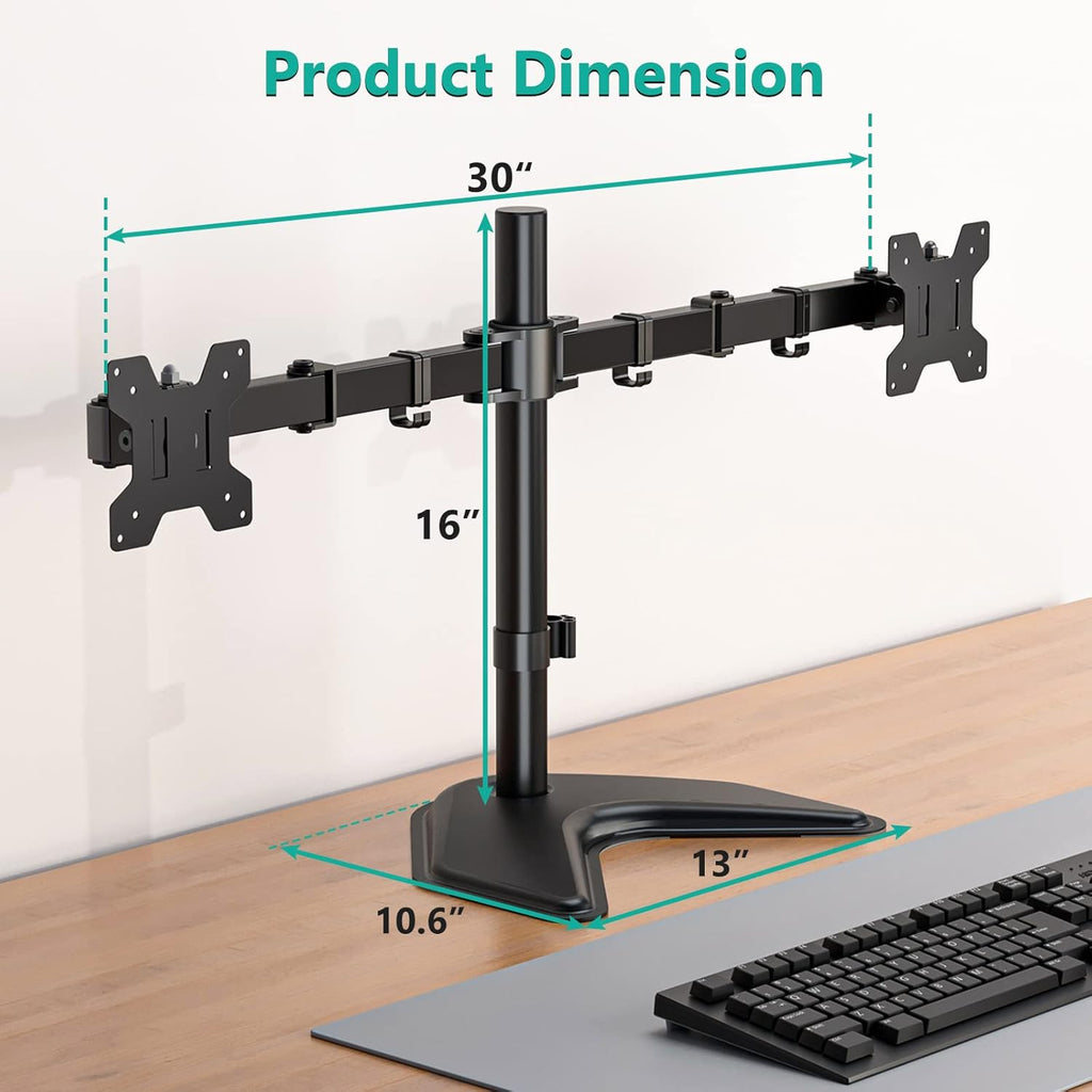 WALI Dual Monitor Stand for Desk, Monitor Stands for 2 Monitors up to 27 inch, Dual Monitors Mount Fits up to 22lbs, Free Standing Full Motion Dual Monitors Arm for Desk (MF002), Black