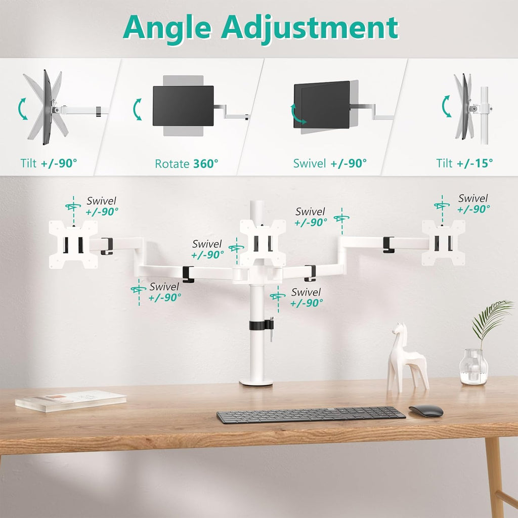 WALI Triple Monitor Mount, Three Monitor Desk Mount Fits 13-27in Screens, Holds up to 22lbs, Multiple Computer Stand with Tilt, Swivel, Rotation, VESA 75x75,100x100mm(M003S-W), White