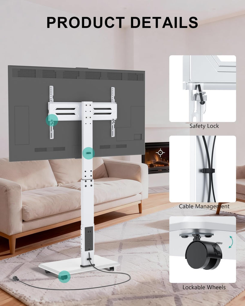 WALI Rolling TV Stand with Power Outlet, Mobile Tall TV Stand Mount on Wheels for 39-75 inch TV up to 110 lbs, Swivel Height Adjustable TV Cart with Wood Base for Bedroom(TVDVD-7PRW), White