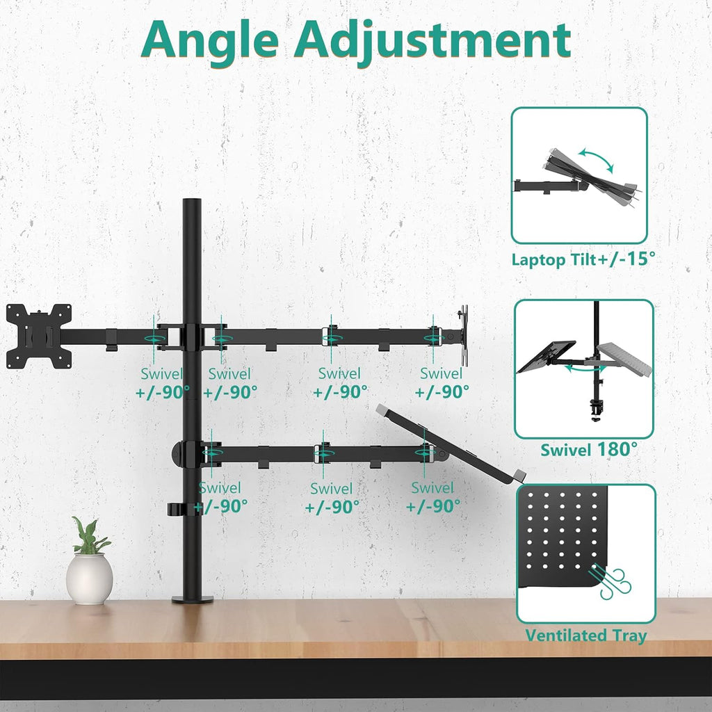 WALI Dual Monitor Stand, Laptop and Monitor Stand for 2 Screen 1 Laptop Notebook, Extra Tall Desk Mount for Monitor up to 27 inch, Notebook up to 17 inch (M002XLLP), Black