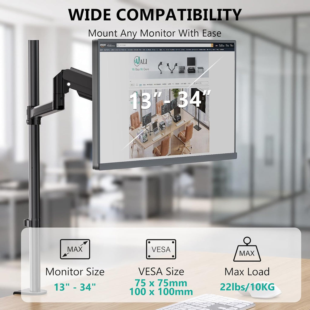 WALI Extra Tall Monitor Mount for 13-34 inch Computer Screens, up to 22 lbs | Single Monitor Arm Desk Mount, Full Motion with Tilt, Swivel, Rotation, C-Clamp, VESA 75/100mm,for Office/Home (GSDM001XL)