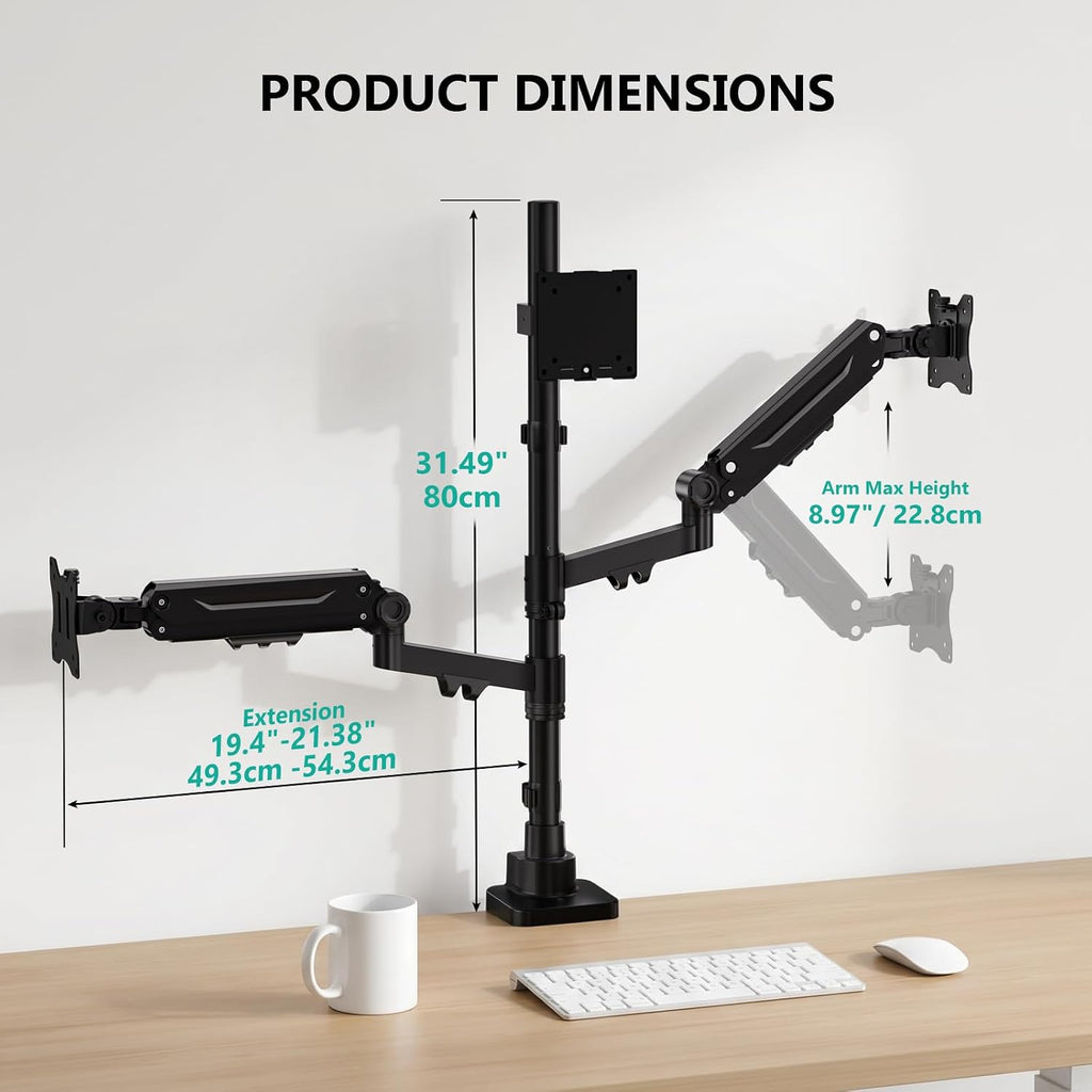 WALI Triple Monitor Mount, up to 49'' Ultrawides on Top Bracket and 34'' Screens on Side Brackets, Extra Tall 3 Monitors Desk Mount, Heavy Duty Monitor Arm up to 44 lbs (GSDM003N-P), Black