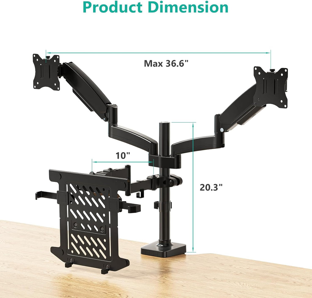 WALI Laptop Mount and Dual Monitor for Max 32" Monitor and 17" Laptop, Adjustable Spring Arm with Tilt, Swivel and Rotation, Dual Monitor and Notebook Stand with VESA 75/100mm(GSDM003LP), Black
