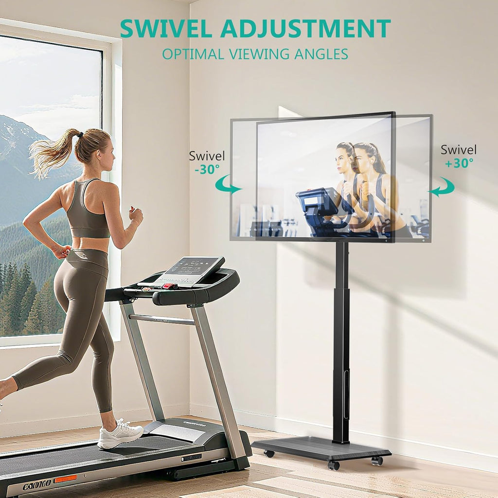 WALI Floor TV Stand with Power Outlet, Rolling Tall TV Stand Mount with Wheels for 32-75 inch TV up to 110 lbs, Swivel Height Adjustable TV Cart with Wood Base for Bedroom(TVDVD-7PR), Black