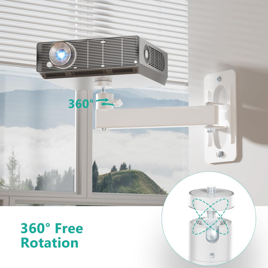 WALI Mini Porjector Wall Mount, Wall Projector Mount for 1/4" M4 M6 Screws, Fully Adjustable Projector Hanging Bracket Ceiling Mount Holder Holds up 22lbs, White (1330LM-PMWS)