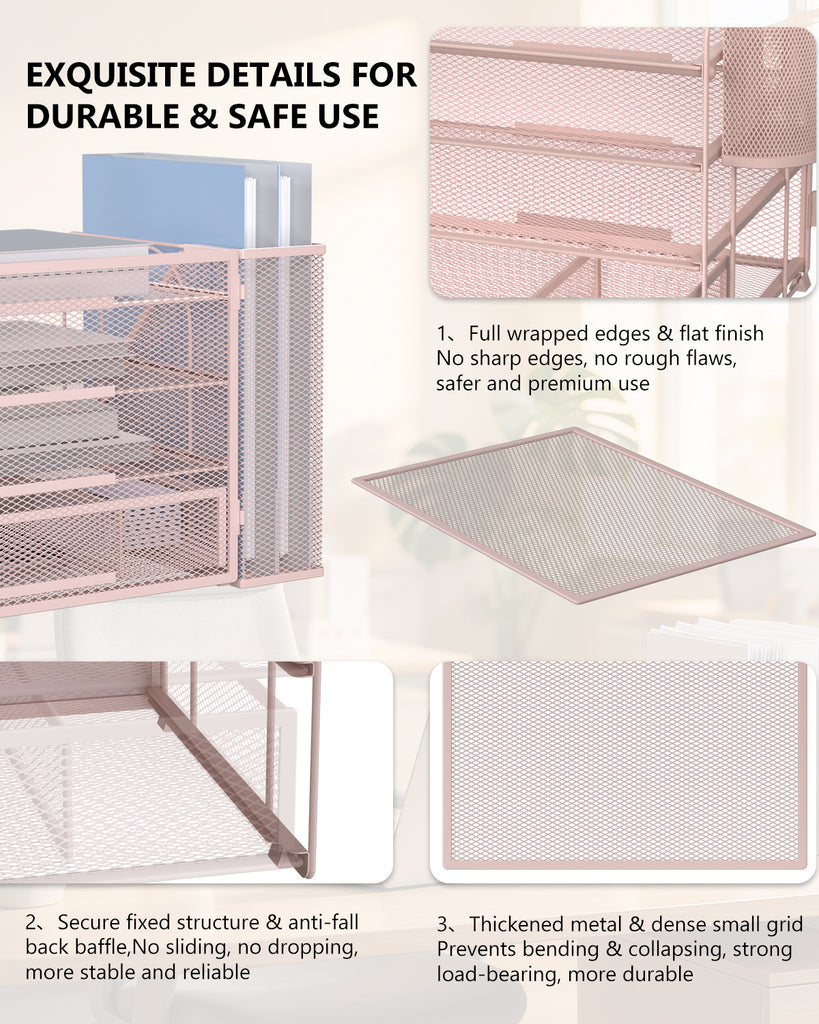 WALI Desk File Organizer, 4 Tier Desktop Paper Letter Tray Organizer with Drawer and 2 Pen Holders, Office Desk Accessories & Workspace Organizers for Office, Home Supplies(DO005DH-P), 1 Pack, Pink