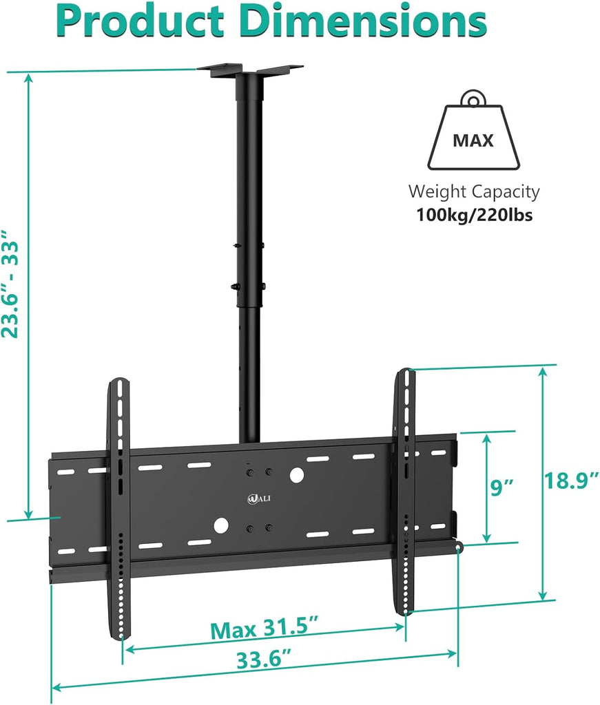 WALI Ceiling TV Mount for 42-90 inch, Hanging Adjustable TV Ceiling Mount Bracket Fits Most LED, LCD, OLED 4K TVs, Holds up to 220lbs, Max Mounting Holes 800x400mm (CM4290), Black