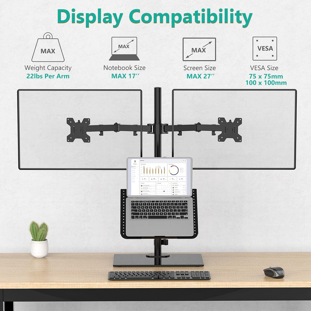 WALI Free Standing Dual Monitor and Laptop Stand, Height Adjustable Laptop Mount with Glass Base, Monitor Mount Fits up to 27 inch Monitors and 17 inch Laptops (GMF003LP), Black