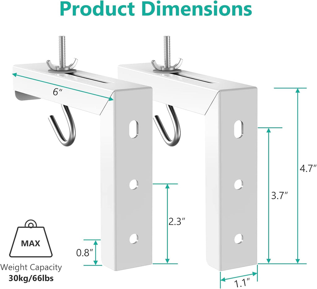 WALI Universal Projector Screen Ceiling Mount, Wall Hanging Mount L-Brackets, 6 inch Adjustable Extension with Hook Kit, Perfect Projector Screen Placement Hold up to 66 lbs (PSM001-W), White