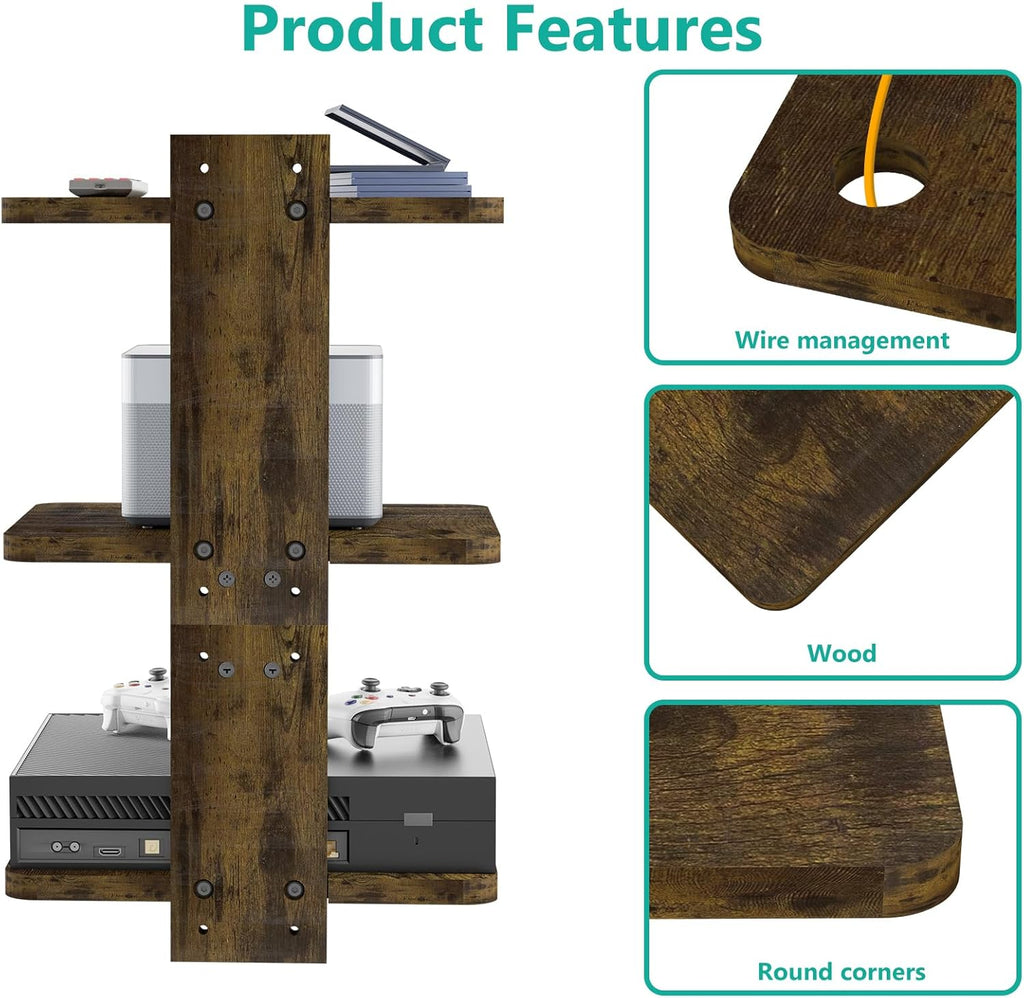 WALI Projector Mount Floating TV Shelf, Holds Up to 22lbs, Wooden Floating Shelf for Under TV for DVD Players, Cable Boxes, Routers, Game Consoles, PlayStation Accessories (CS303NC), 3 Shelves