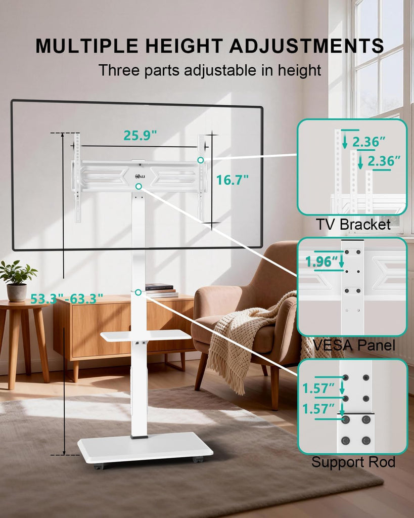 WALI Rolling TV Stand with Power Outlet & AV Shelf, Mobile Tall TV Stand Mount on Wheels for 39-70 inch TV up to 110 lbs, Swivel Height Adjustable TV Cart with Wood Base for Bedroom(TVDVD-6PRW), White