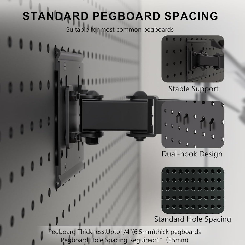 WALI Articulating Pegboard Adjustable Mount for Laptop and Monitor 2 in 1 with Vented Tray, Fits 1" Hole Spacing & Up to 1/4" Hole Diameter, Supports Laptop or Monitor Under 8.8lbs, PM00LP, Black